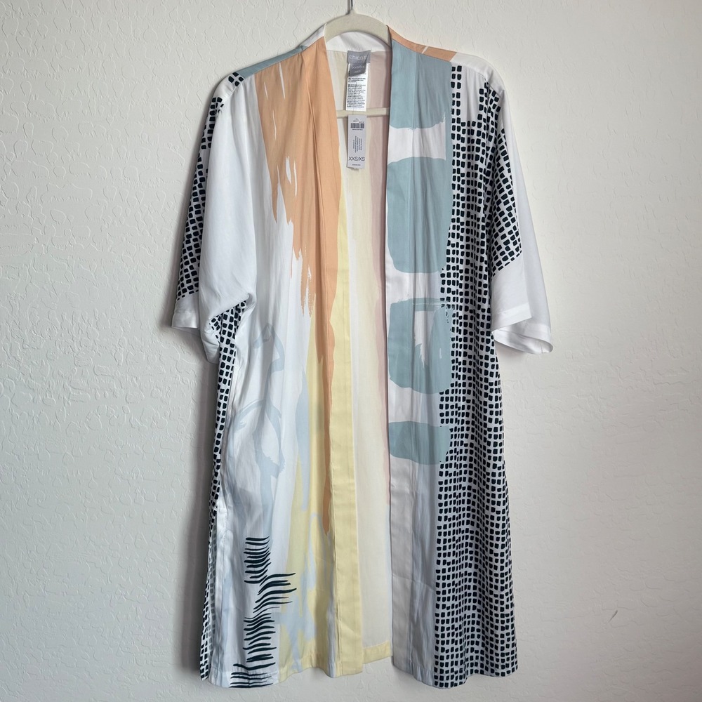 Chicos Coastal Geos Drama Ruana Abstract Kimono‎ XXS/XS Boho Cardigan NEW